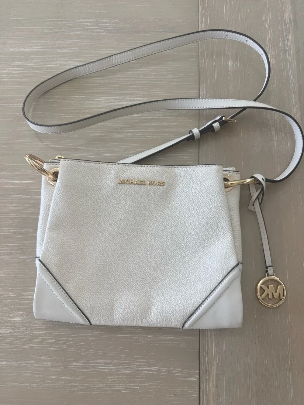 Michael Kors White Pebbled Leather Crossbody with Gold Accents